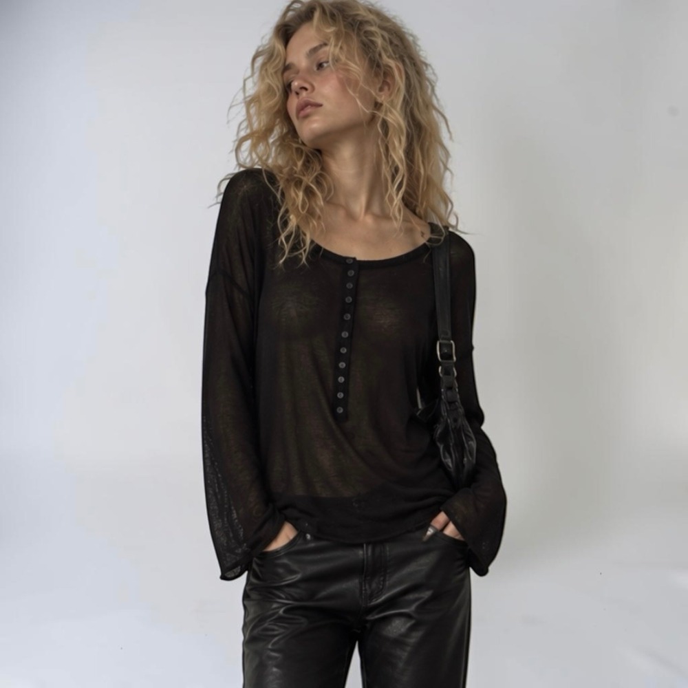 POL Black Sheer Knit Henley Top Bell Sleeve Button Front S Grunge Lagenlook New